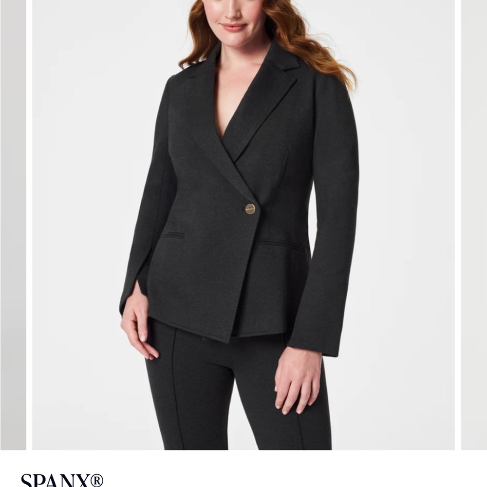 Spanx pointe asymmetrical charcoal grey blazer